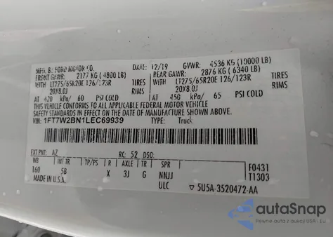 2020 Ford F-250 Lariat from USA, damaged, VIN 1FT7W2BN1LEC69939